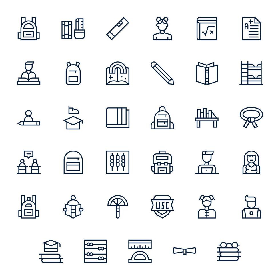 Student Icon Library with 35 Regular Line High Resolution Grid Fitted Designs vector