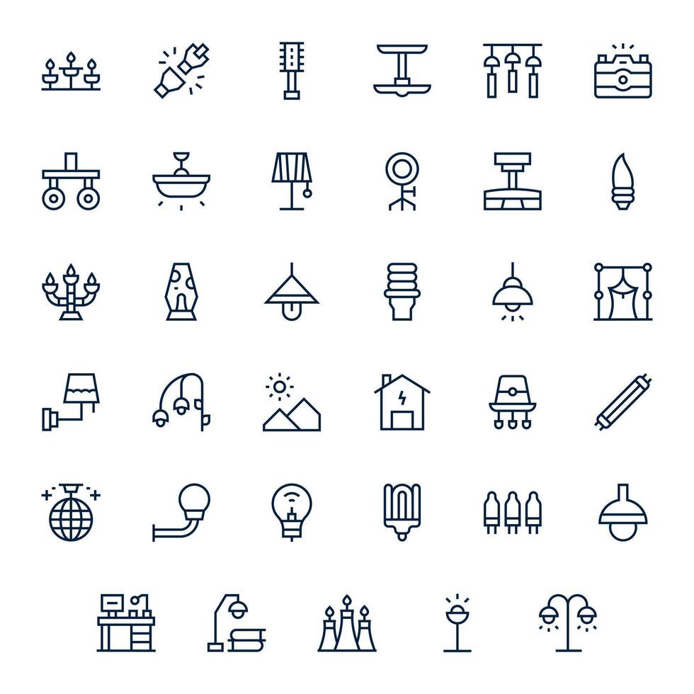 Lighting Icon Toolkit featuring 35 Grid Fitted High Resolution Regular Line elements vector