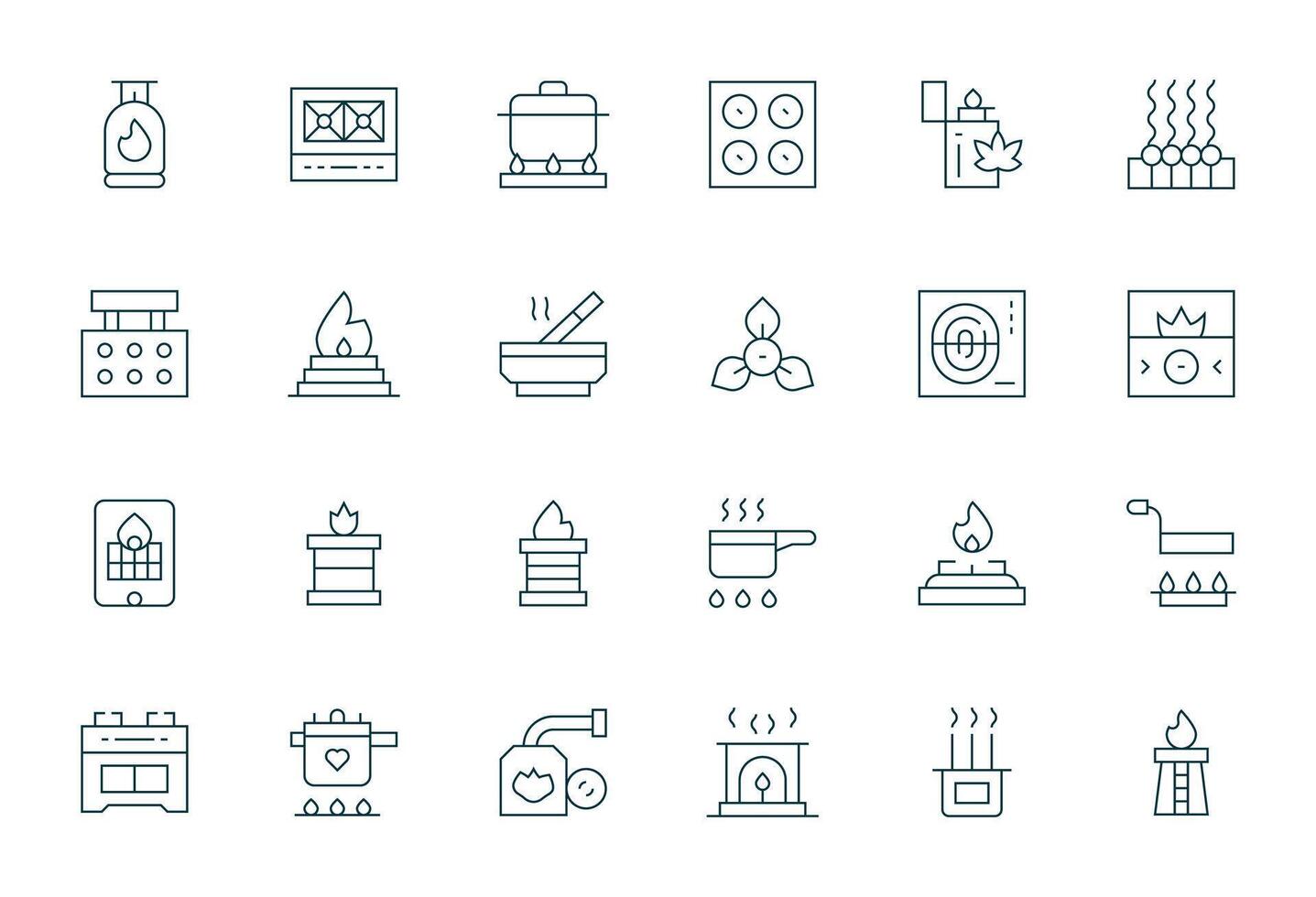 24 Pixel Optimized Icons themed around Burner in 128x128 Thin Line format vector