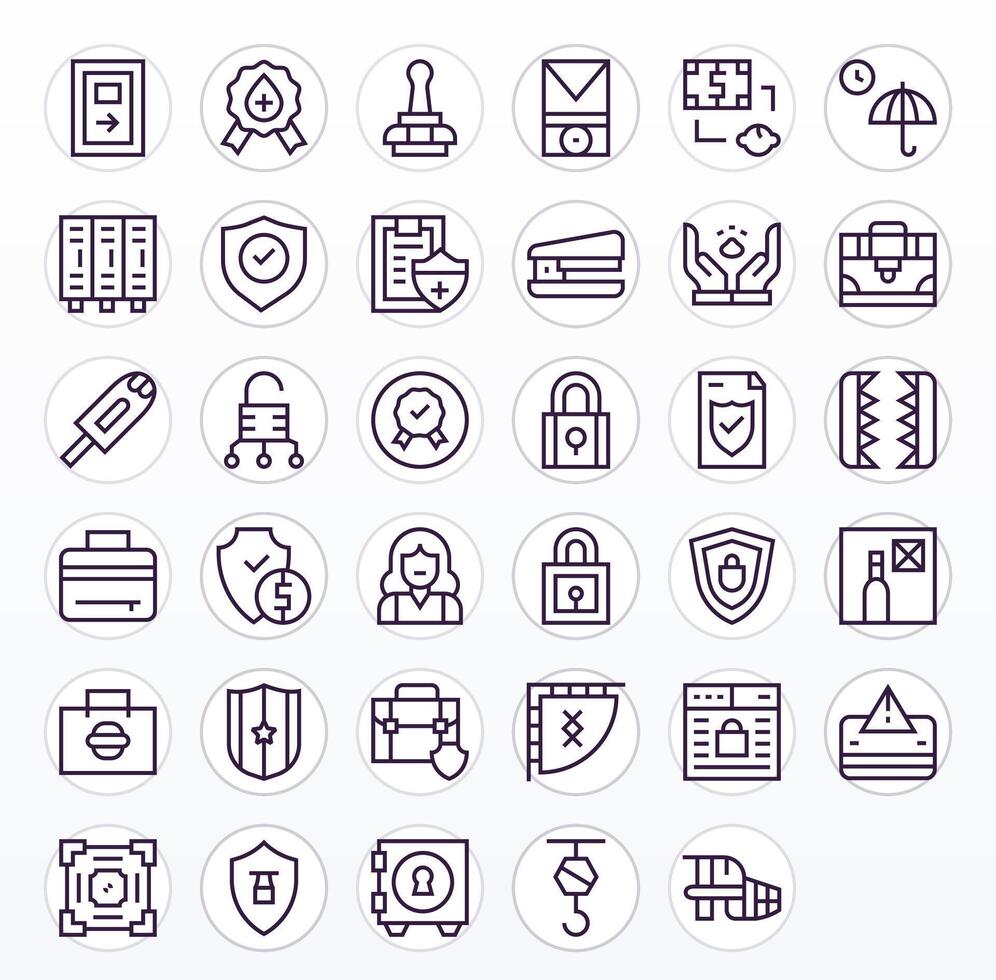 Secure High Resolution Icon Pack with 35 Regular Line Grid Fitted Elements vector