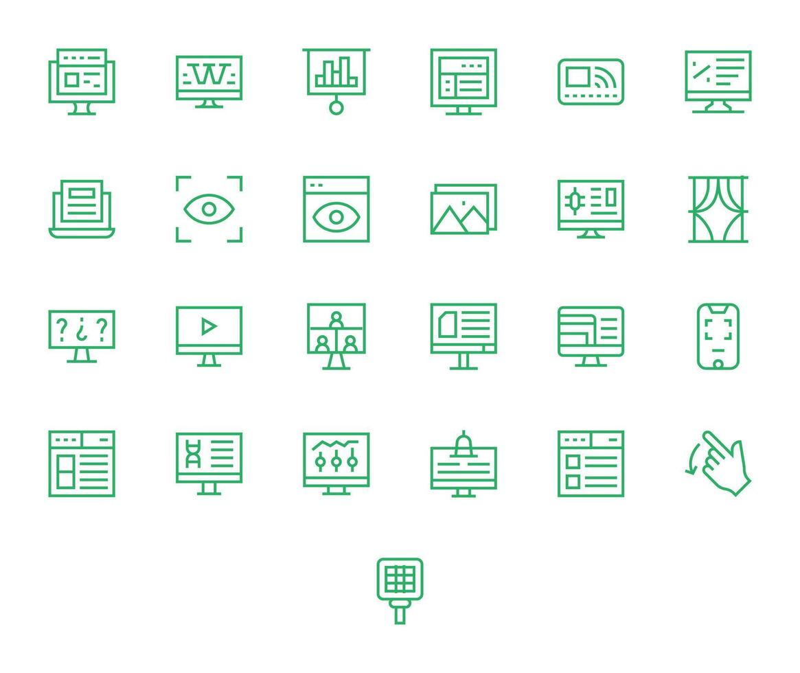 25 Detail Enhanced Icons themed around Screen in High Resolution Regular Line format vector