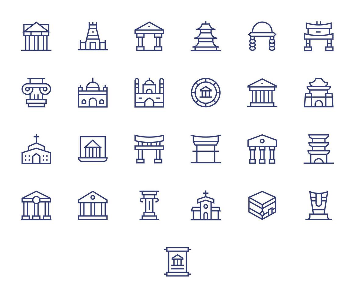 Temple Ultimate Package with 25 256x256 Regular Line Pixel Optimized Icons vector