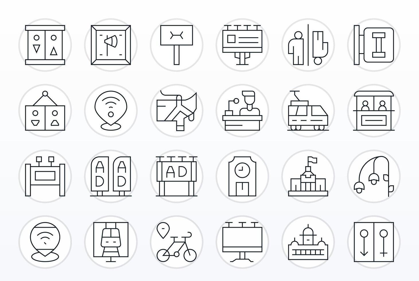 Public Icon Set with 24 Thin Line High Resolution Pixel Optimized Graphics vector