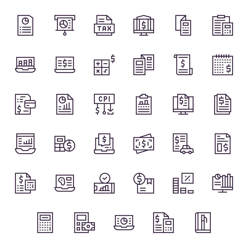 35 Icons inspired by Financial Report in Pixel Optimized High Resolution Regular Line quality vector