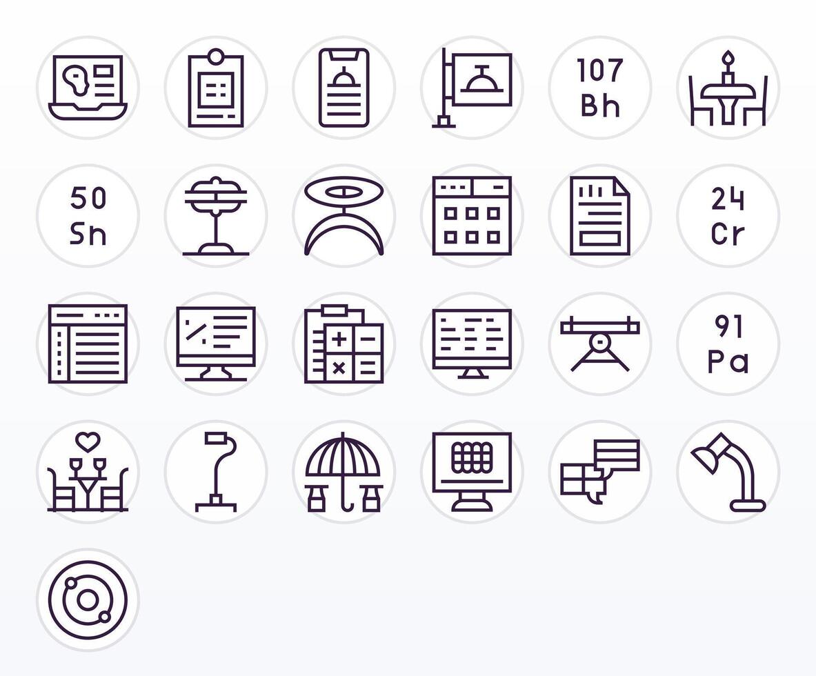 mesa escalable conjunto presentando 25 píxel optimizado regular línea 256x256 íconos vector
