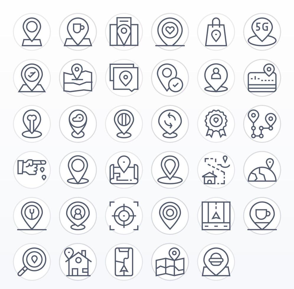 35 Grid Fitted Regular Line Icons designed for Geolocation Interface vector