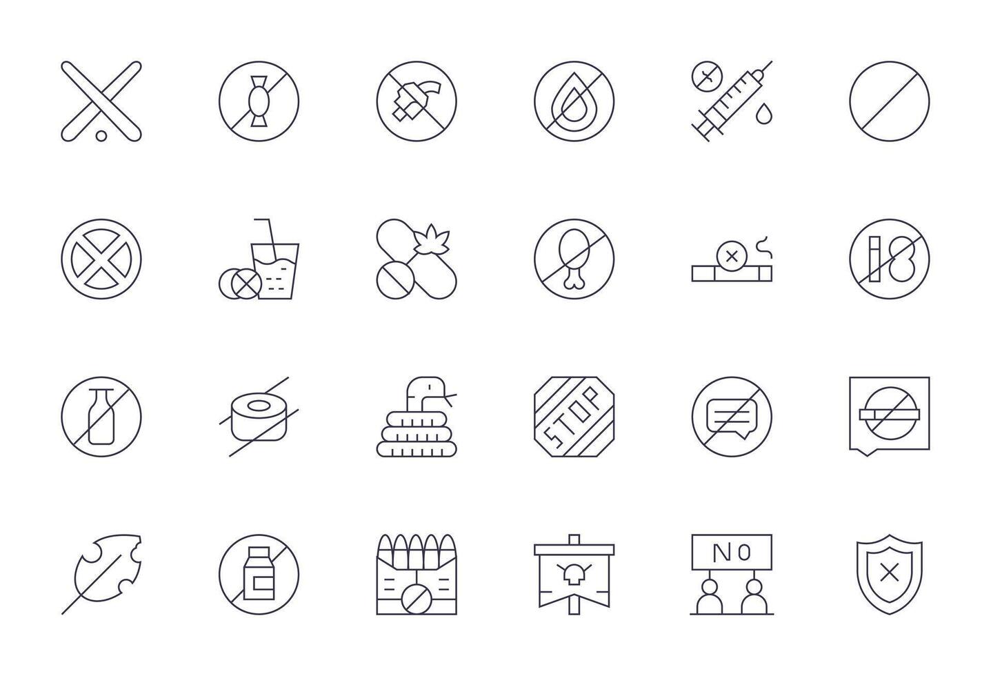 24 íconos para prohibición presentando alto resolución píxel optimizado Delgado línea gráficos vector