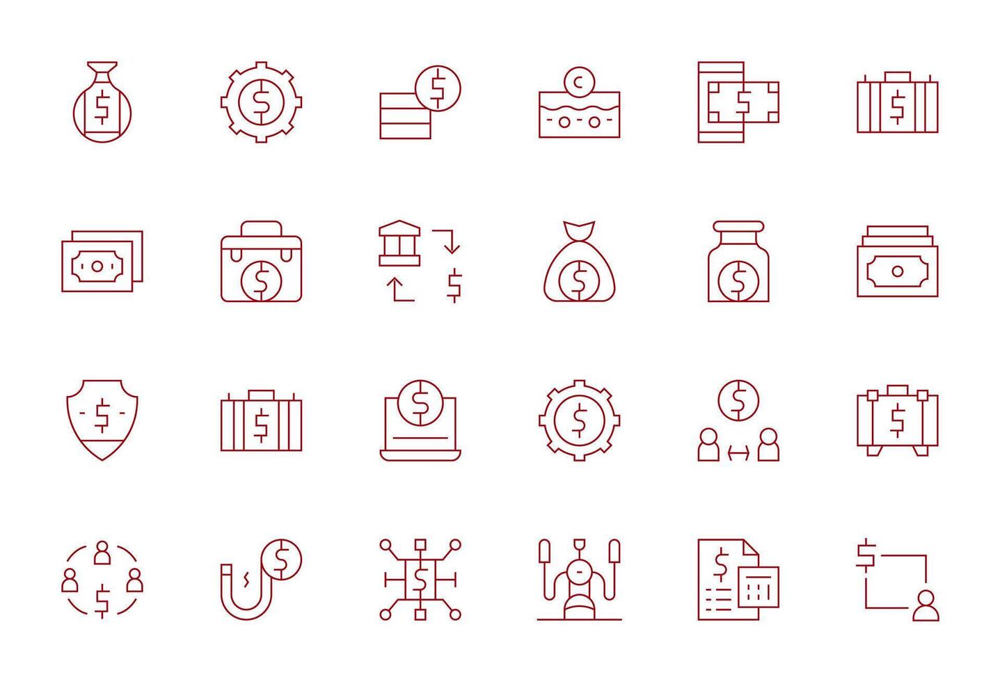 24 PIXEL Perfect Icons themed around Dollars in High Resolution Thin Line format vector