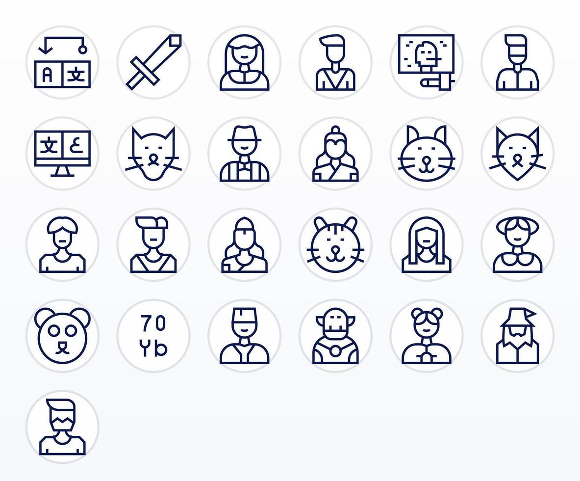 25 Regular Line Editable Icons tailored for Character 64x64 interface vector