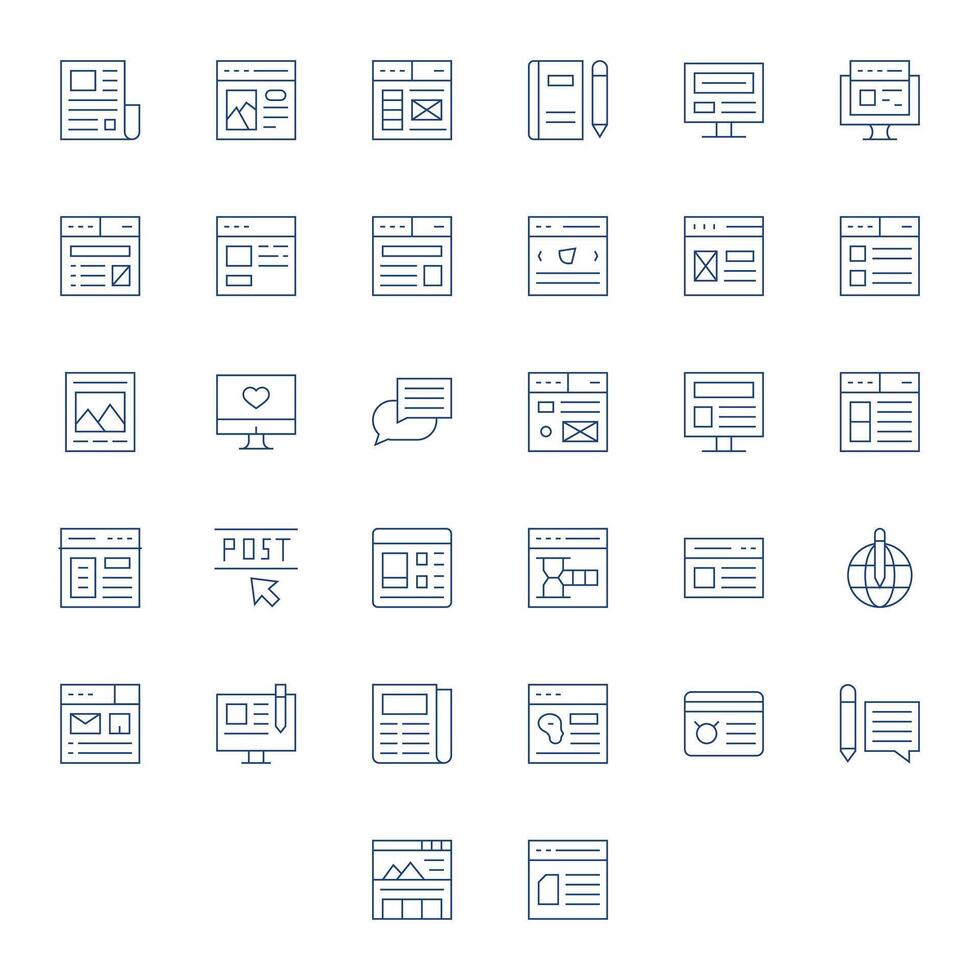 Blog Comprehensive Bundle with 32 Pixel Optimized Thin Line Retina Ready Icons vector