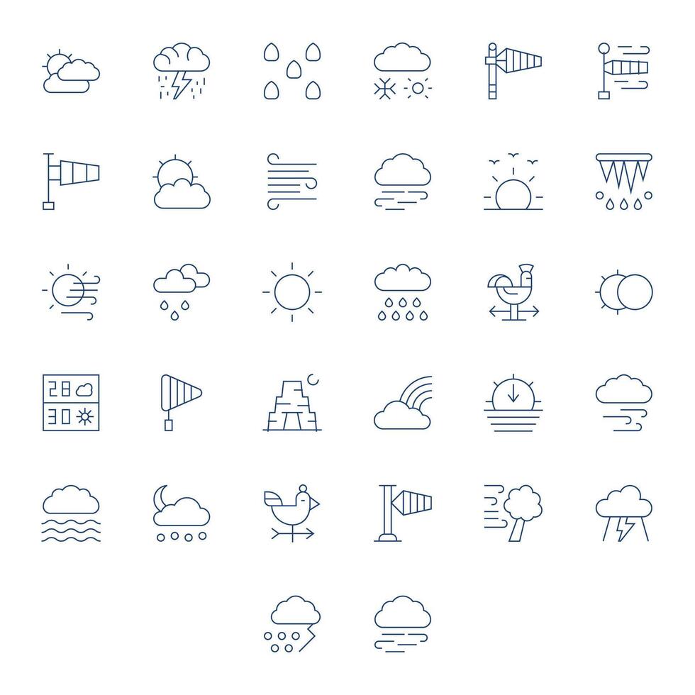 Delgado línea estilo pronóstico íconos con 32 alto resolución píxel Perfecto diseños vector