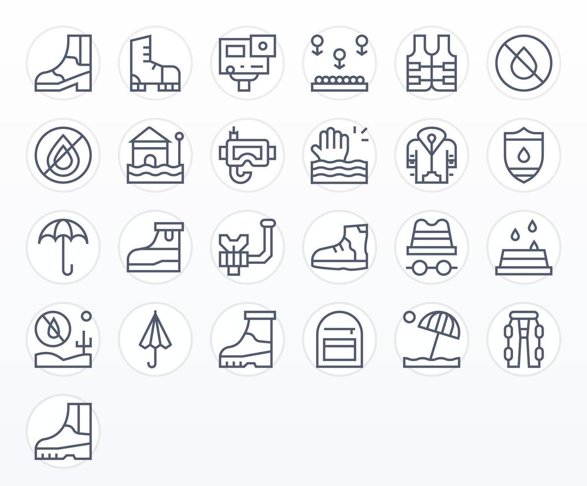 Waterproof featuring 25 High Resolution Icons in Regular Line Design vector