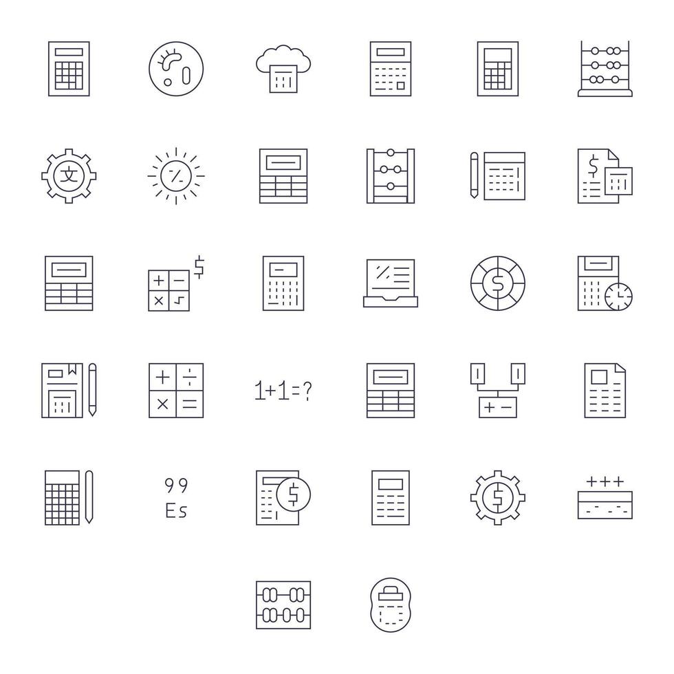 32 Pixel Optimized High Resolution Icons for Calculation in elegant Thin Line design vector