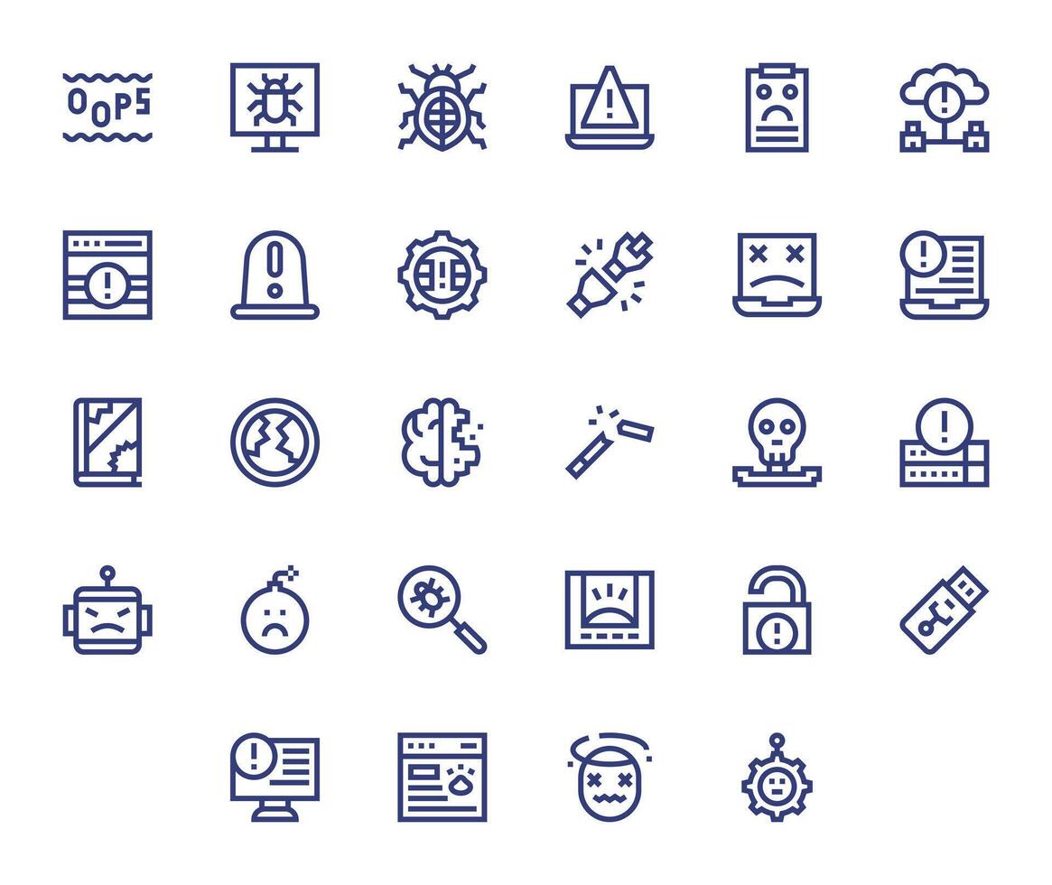28 Bold Line Pixel Optimized Icons for Malfunction Graphics vector
