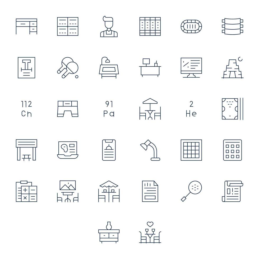Thin Line Style Table Icons with 32 High Resolution Pixel Aligned Designs vector