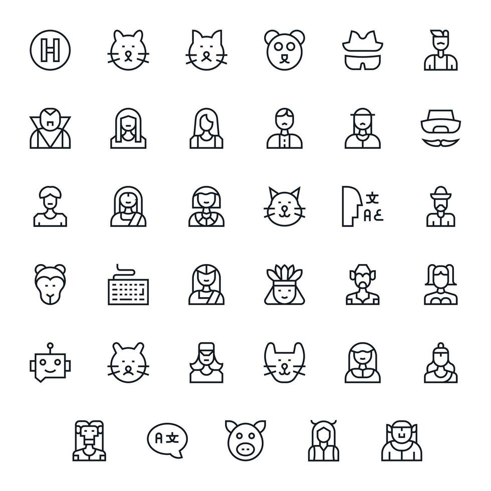 Character Icon Library with 35 Regular Line High Resolution Grid Fitted Designs vector