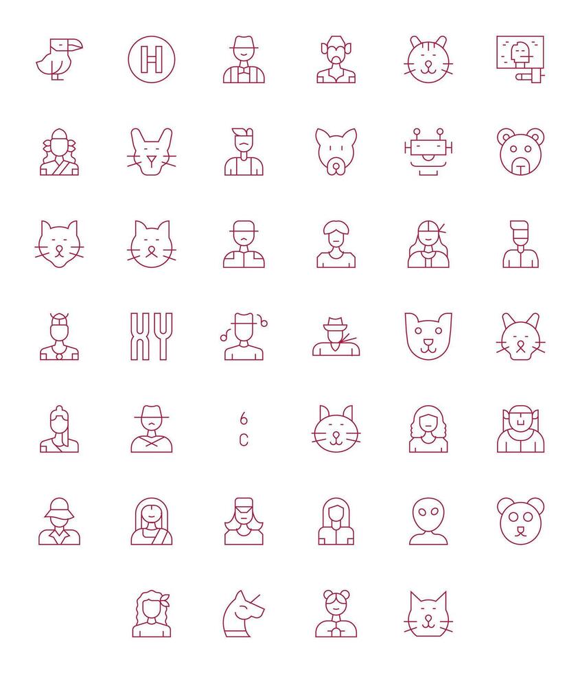 Character Icon Set with 40 Thin Line 128x128 Pixel Aligned Graphics vector