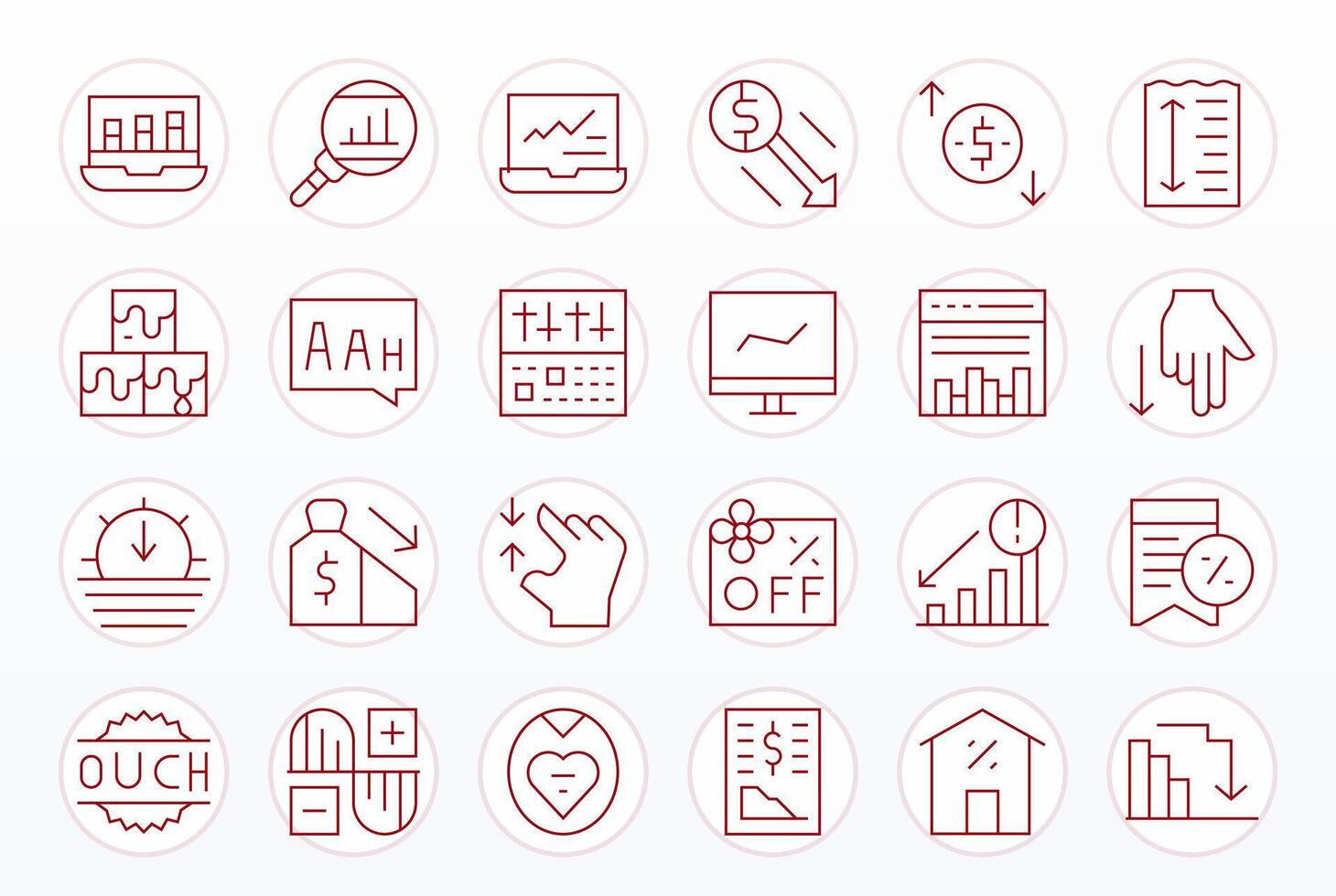 24 Icons for Decrease featuring 128x128 Pixel Optimized Thin Line Graphics vector