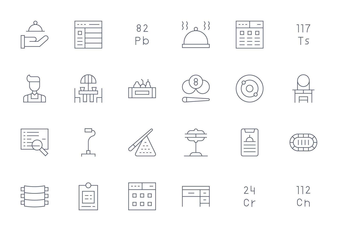 Table Premium Bundle with 24 High Resolution Pixel Optimized Thin Line Icons vector