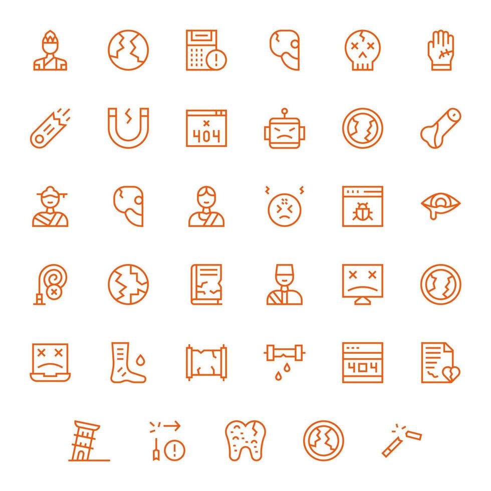 Broken Design Icons featuring 35 Pixel Optimized Regular Line Style vector