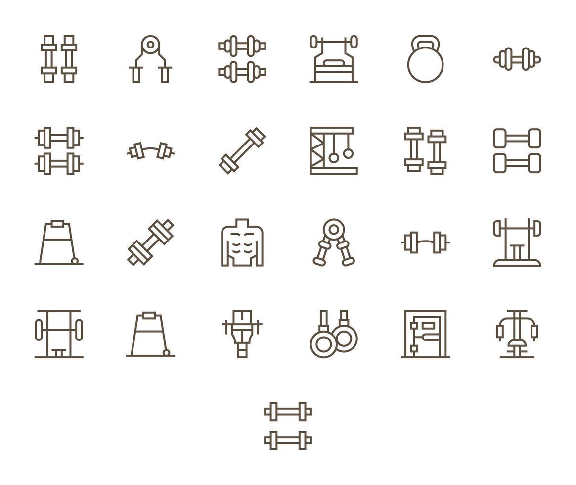 Bodybuilding Icon Library with 25 Regular Line High Resolution Grid Fitted Designs vector