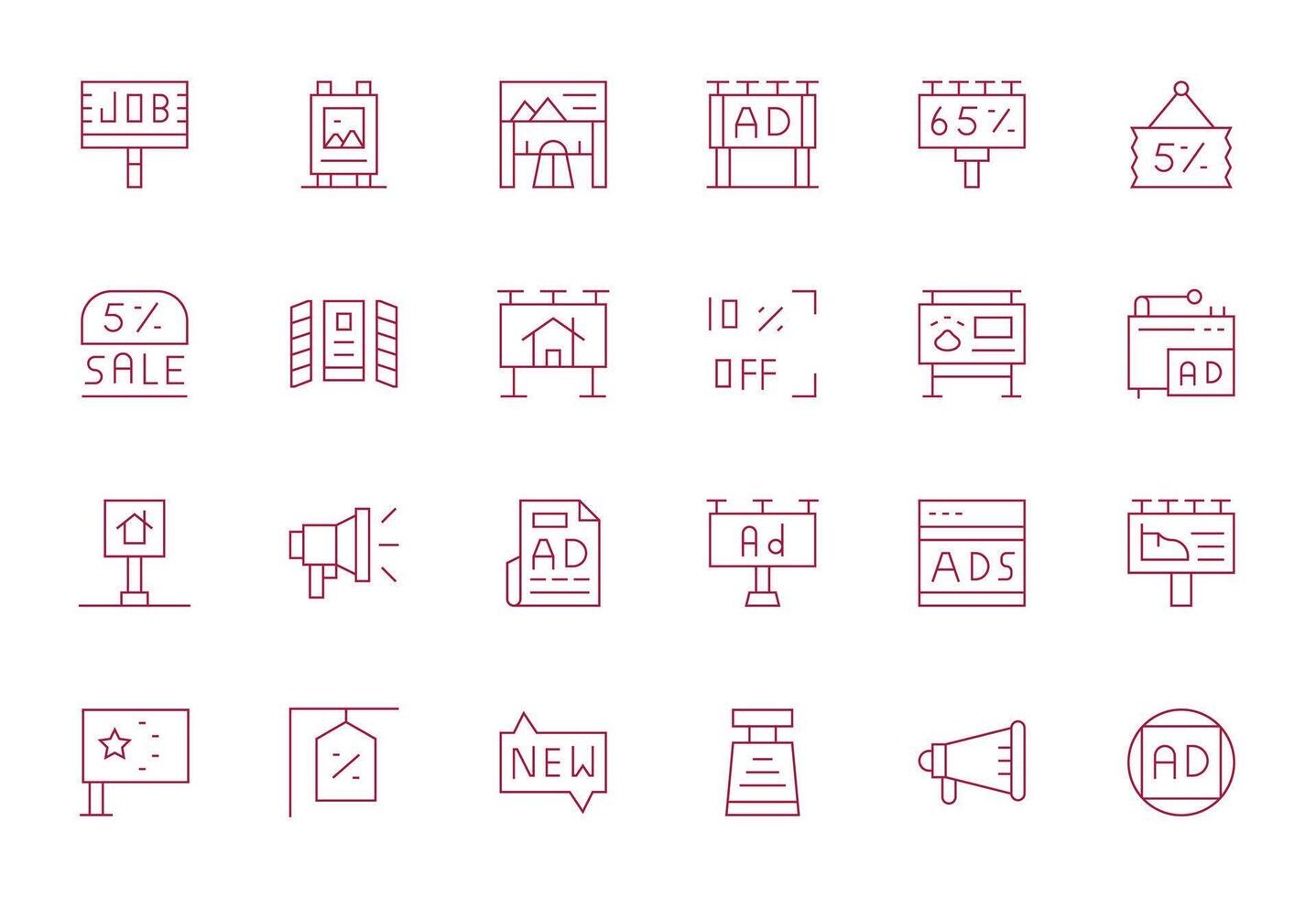 24 PIXEL Perfect Icons themed around Advertisement in Retina Ready Thin Line format vector