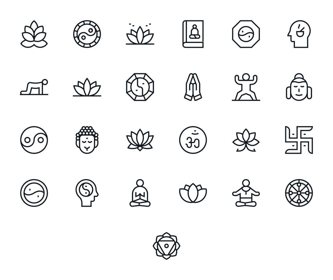 25 Pixel Aligned Regular Line Icons designed for Meditation Interface vector