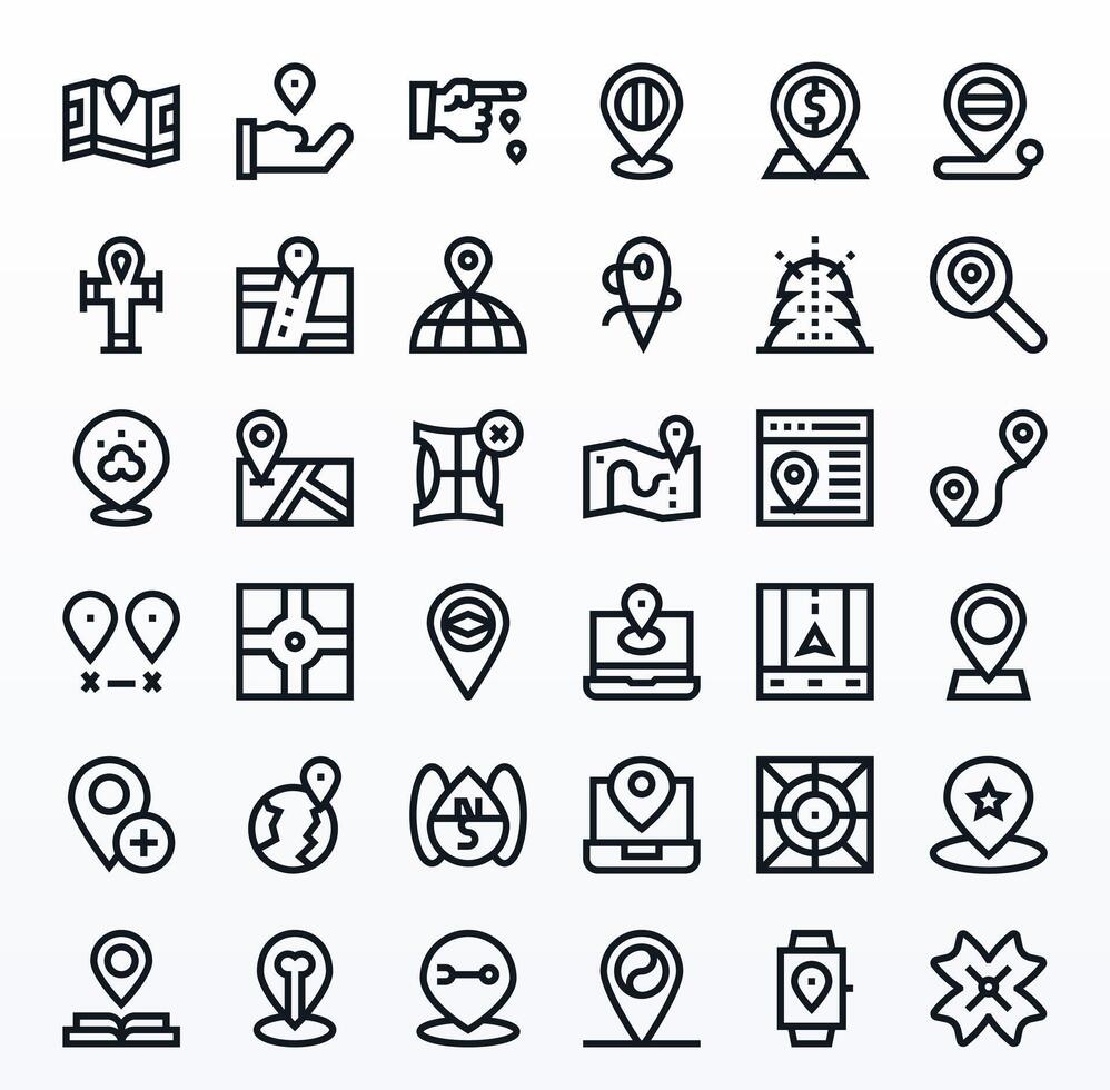 Coordinates Ultimate Package with 36 64x64 Bold Line Pixel Optimized Icons vector