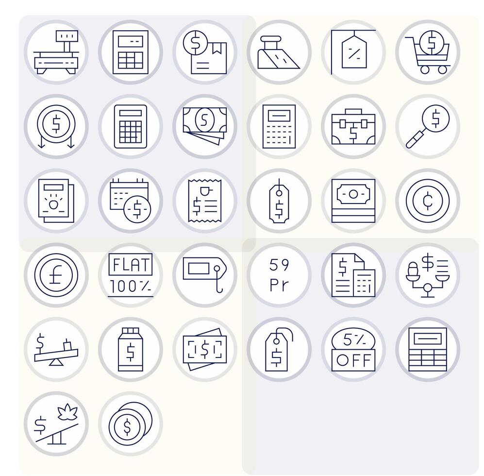 32 PIXEL Perfect Icons themed around Price in 256x256 Thin Line format vector