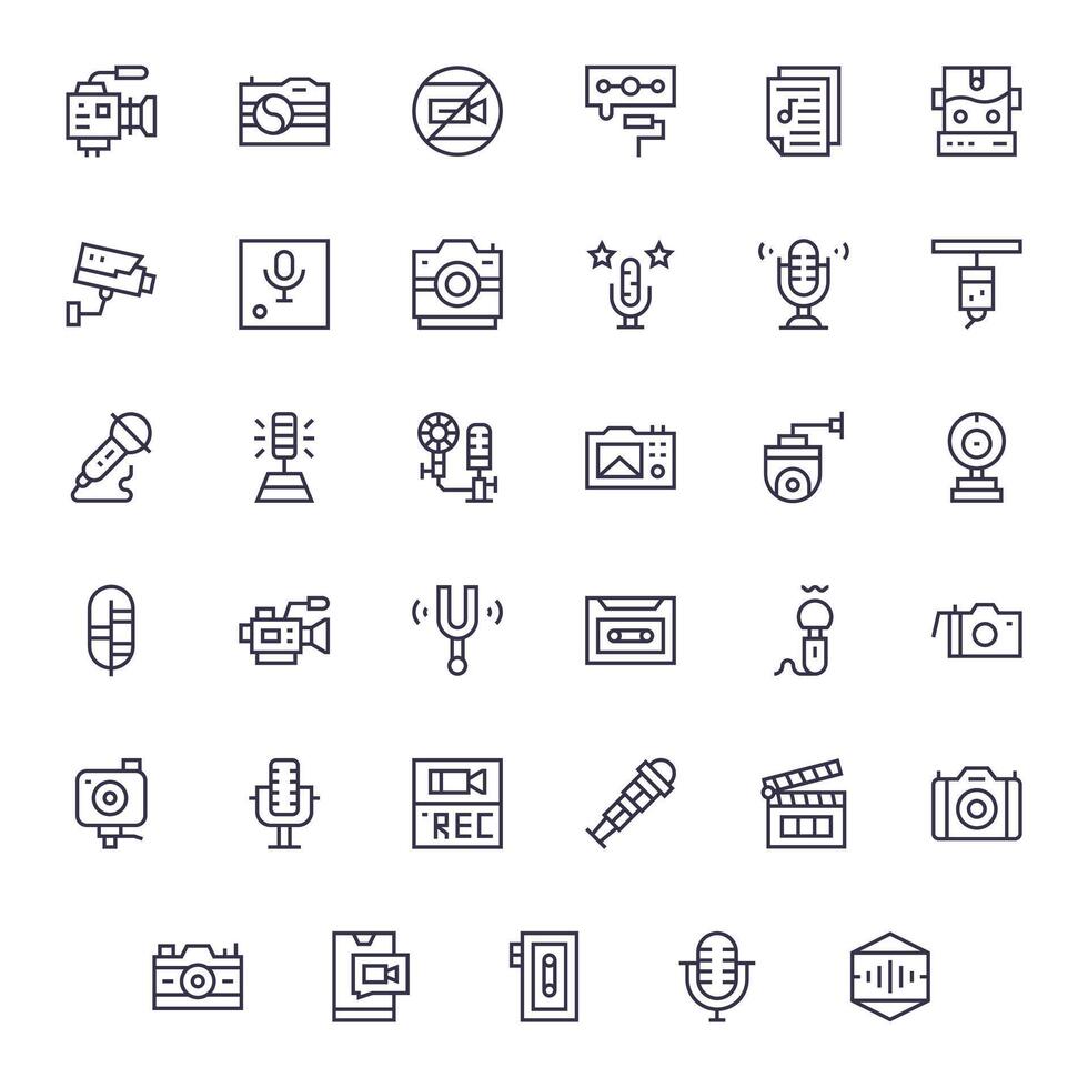 Recording Premium Bundle with 35 High Resolution Display Perfect Regular Line Icons vector