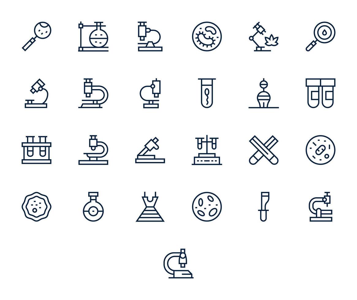 Microscope Ultimate Package with 25 Retina Ready Regular Line Pixel Optimized Icons vector