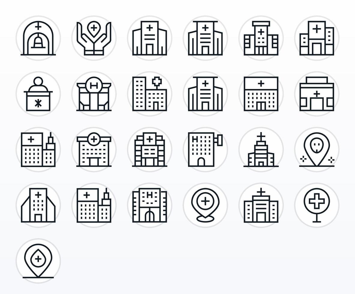 Medical Center Comprehensive Bundle with 25 Grid Fitted Regular Line High Resolution Icons vector