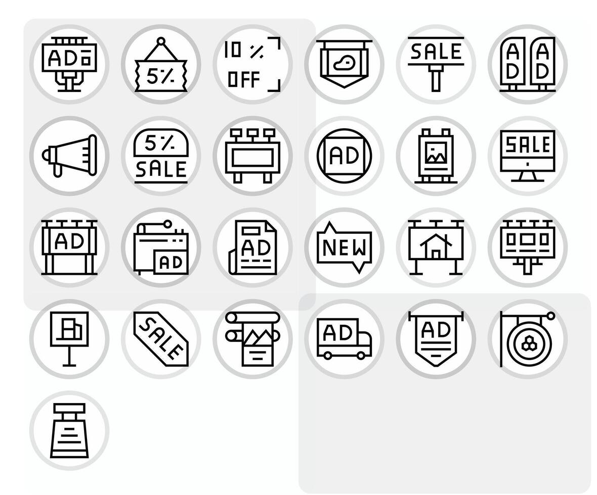 Advertisement Essential Set including 25 Grid Fitted Regular Line High Resolution Icons vector