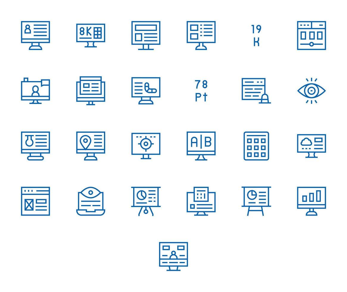 datos monitor presentando 25 64 x 64 íconos en regular línea diseño vector