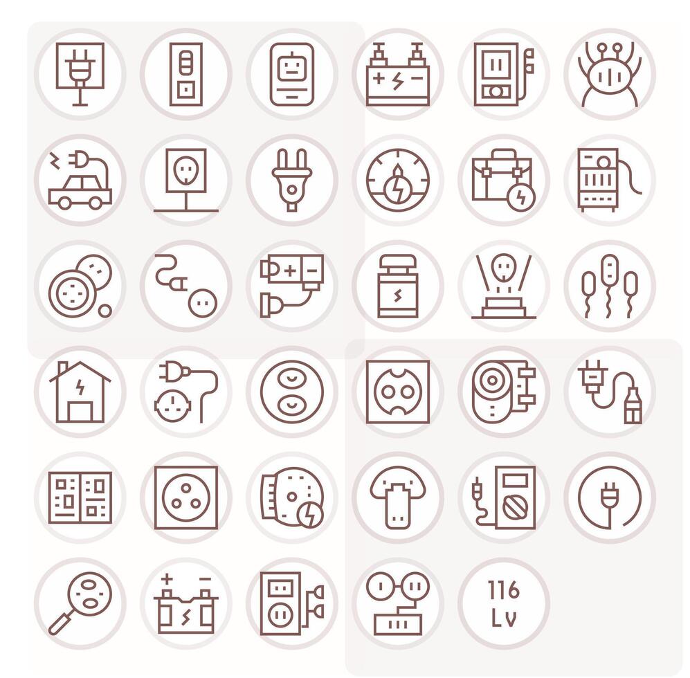 Power Supply Icon Toolkit featuring 35 Grid Fitted High Resolution Regular Line elements vector