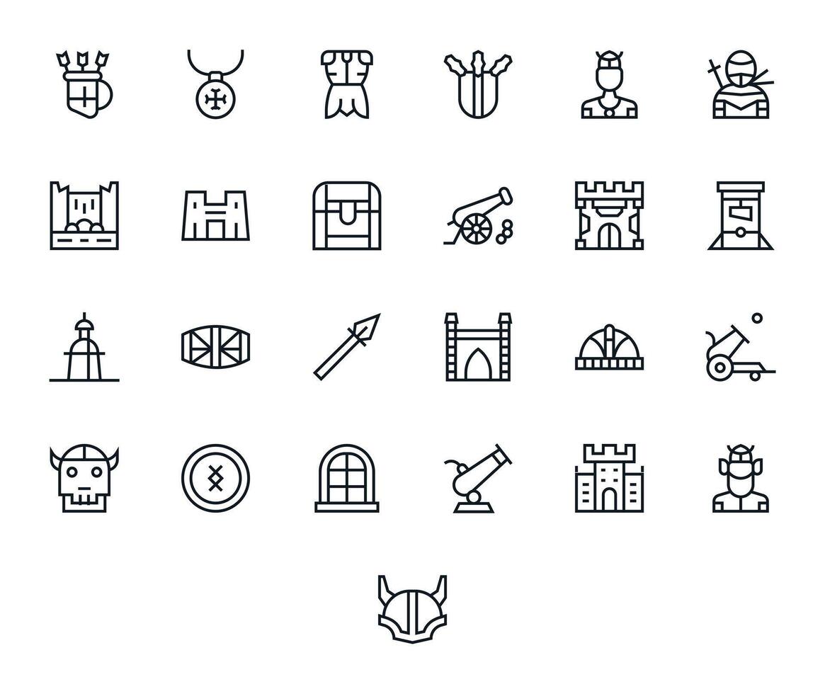 Medieval Comprehensive Bundle with 25 Detail Enhanced Regular Line High Resolution Icons vector