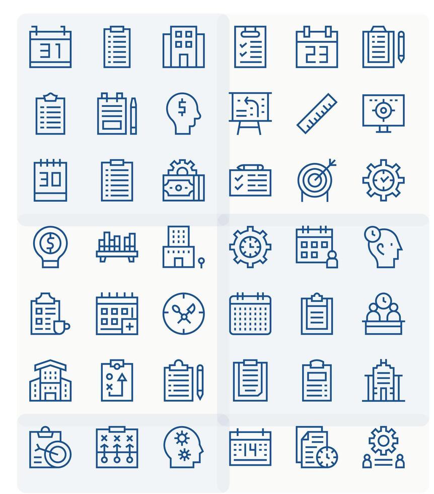 42 Pixel Aligned Icons themed around Planning in 256x256 Regular Line format vector