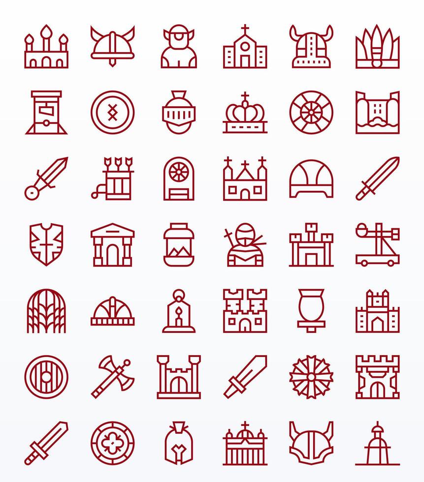 42 Regular Line Icons for Medieval in crisp 256x256 Grid Fitted resolution vector