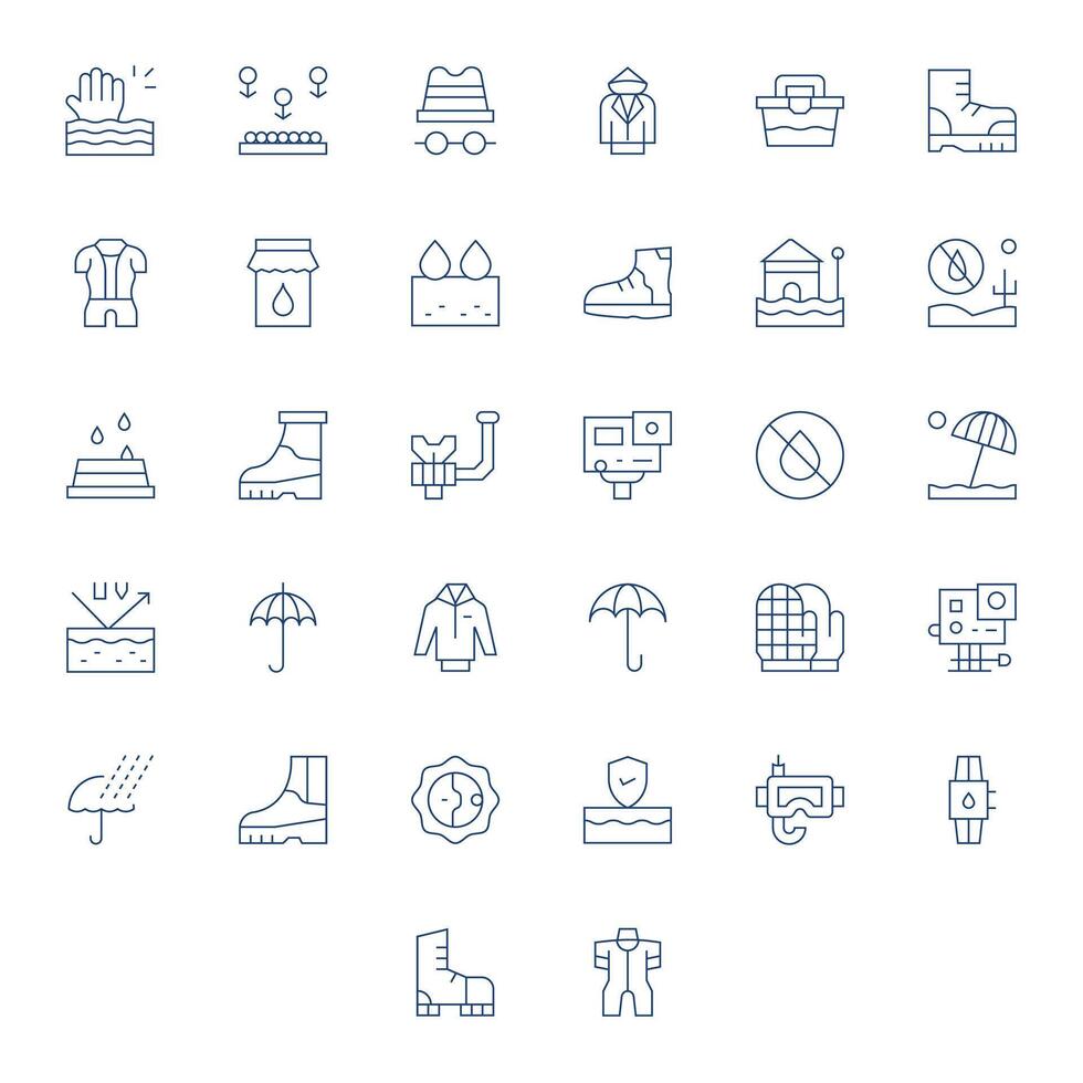 32 Pixel Aligned Icons themed around Waterproof in 128x128 Thin Line format vector