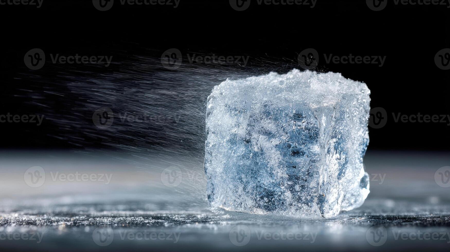 Ice Cube In Motion With Water Spray On Dark Background. Captures The Dynamic And Refreshing Essence Of Ice photo