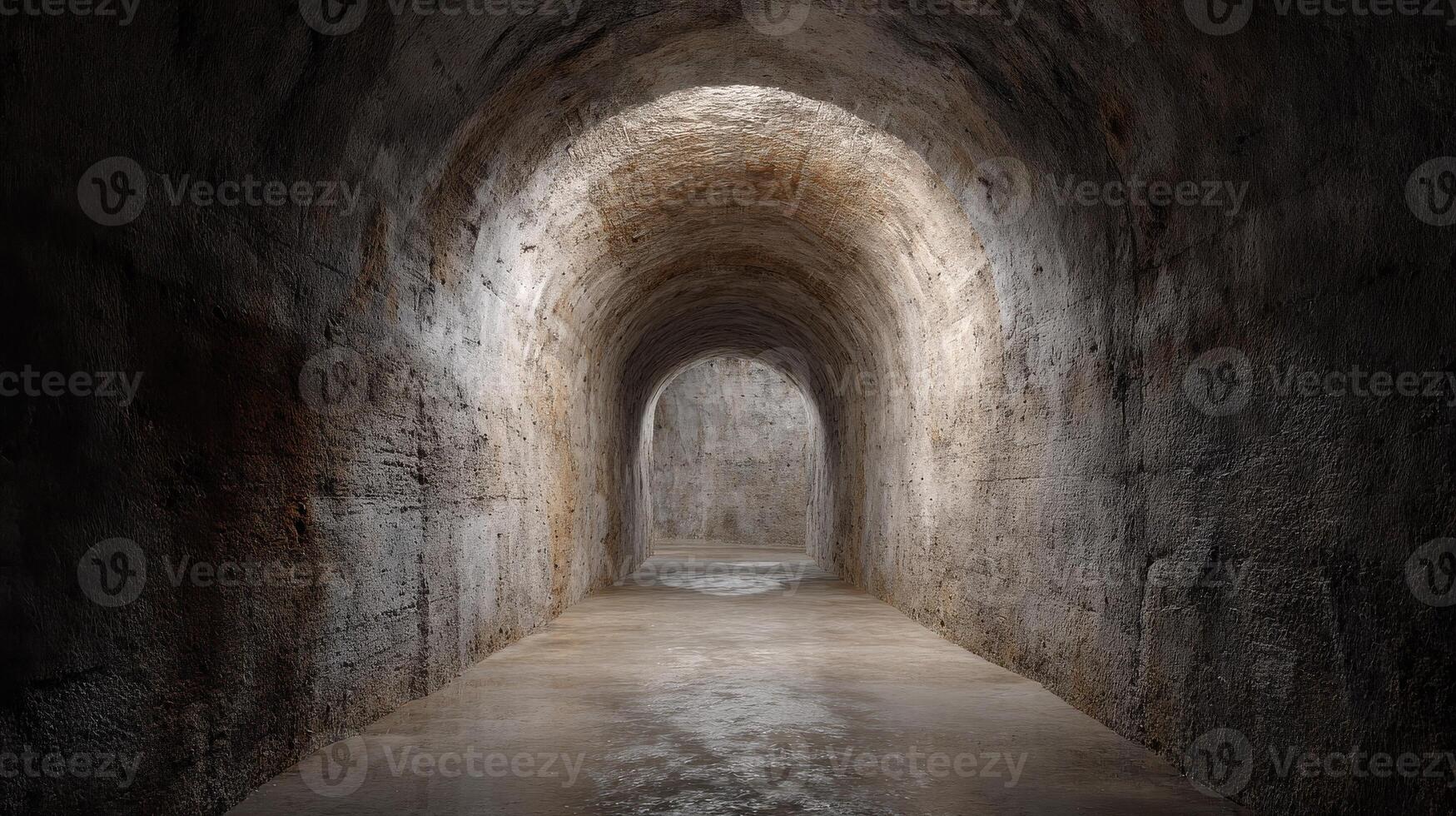 Ancient Stone Tunnel With Arched Ceiling And Textured Walls. Historical Architecture And Mysterious Passageway photo