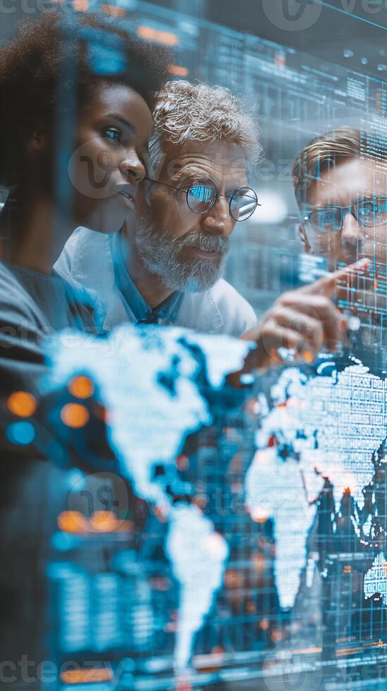 Diverse team analyzing global data on interactive screen photo