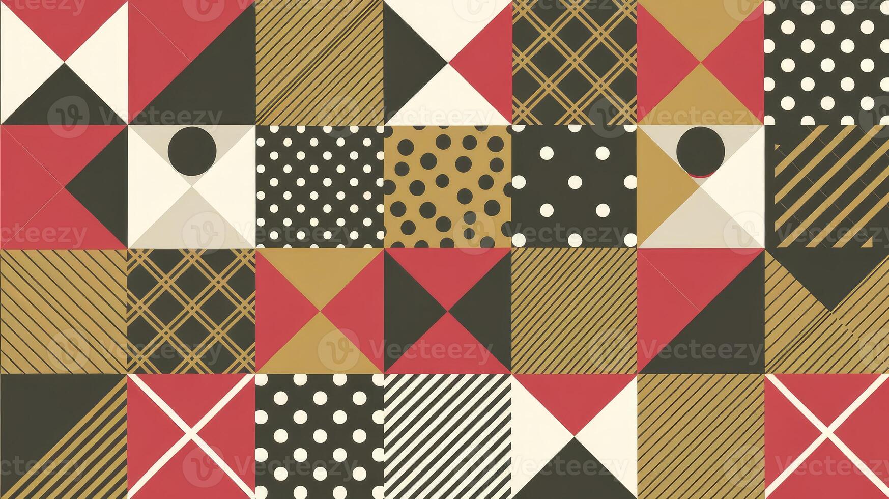 Geometric Patterns in Red, Gold, Black and White With Dots, Squares, Lines and Triangles photo