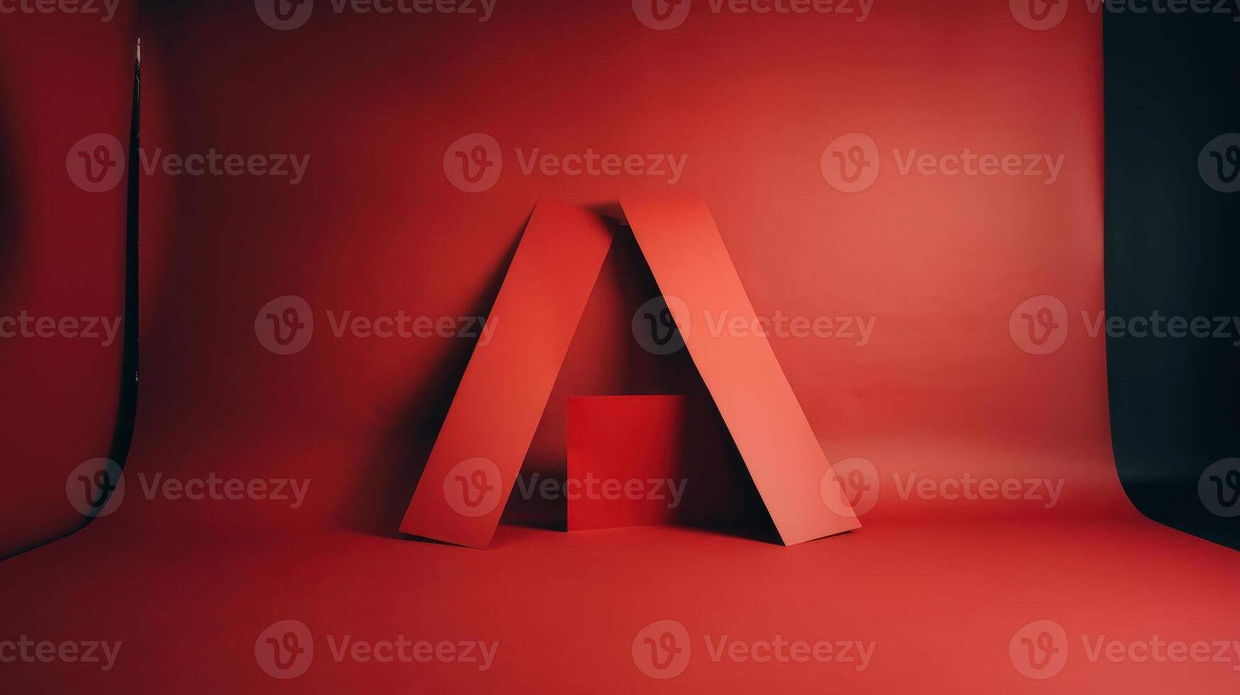 Red Backdrop With Angled Planes and Central Box in a Studio Setting photo