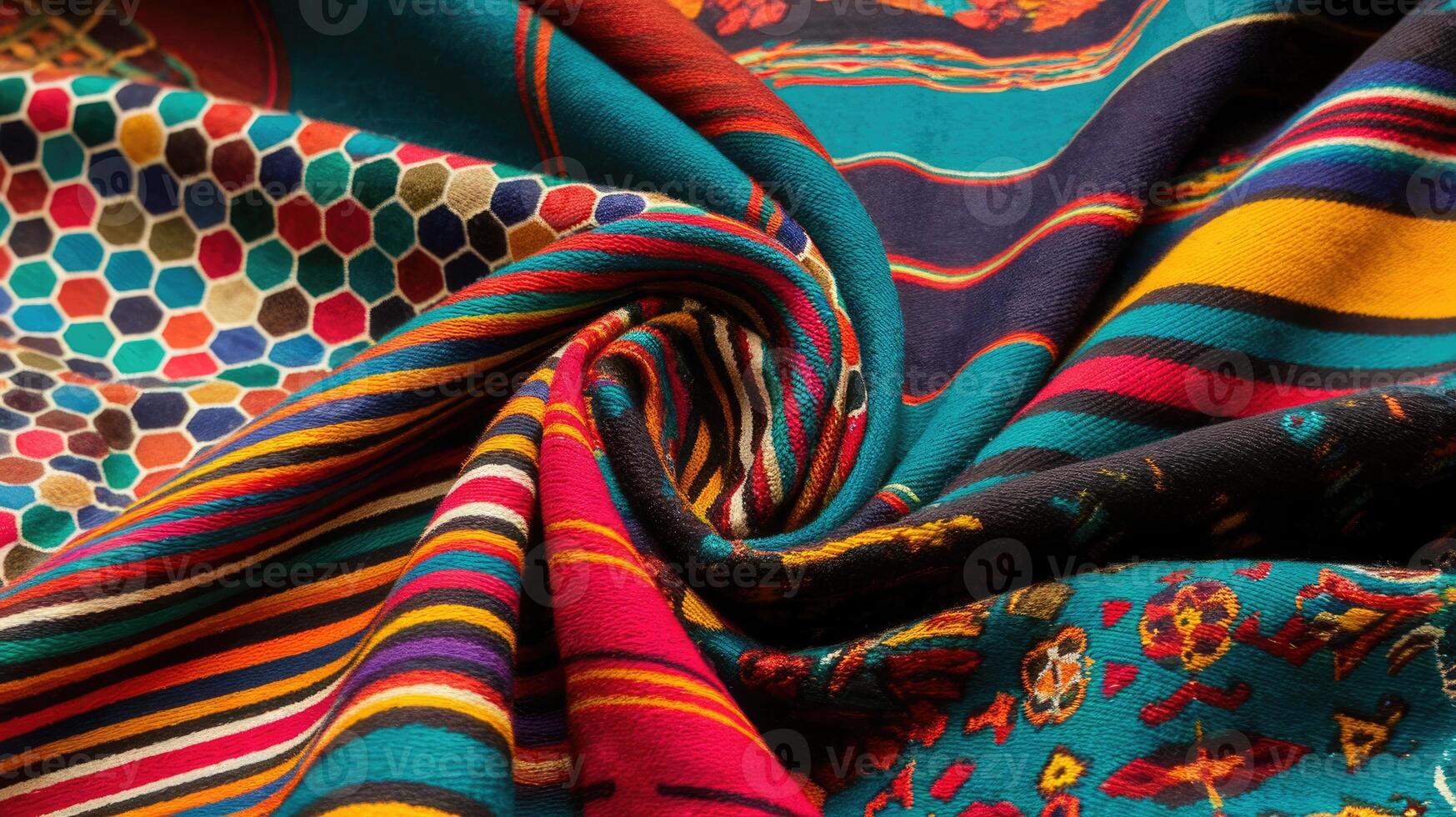 Close up of a Brightly Colored Patterned Scarf With Varied Patterns and Textures photo