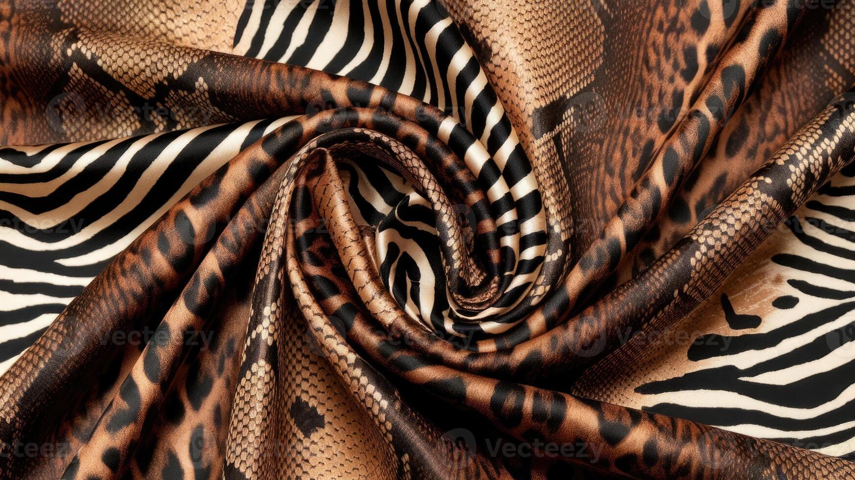 Animal Prints Collide on Luxurious Fabric Showing Zebra, Snake, and Cheetah Patterns photo