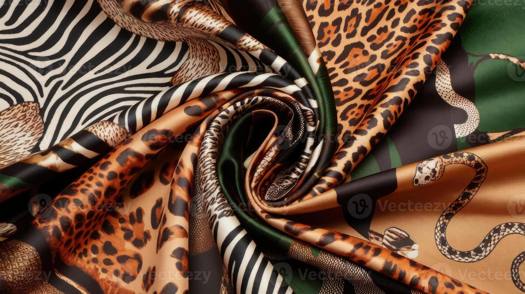 Luxurious Animal Print Silk Scarf Features Zebra, Leopard, and Snake Patterns photo