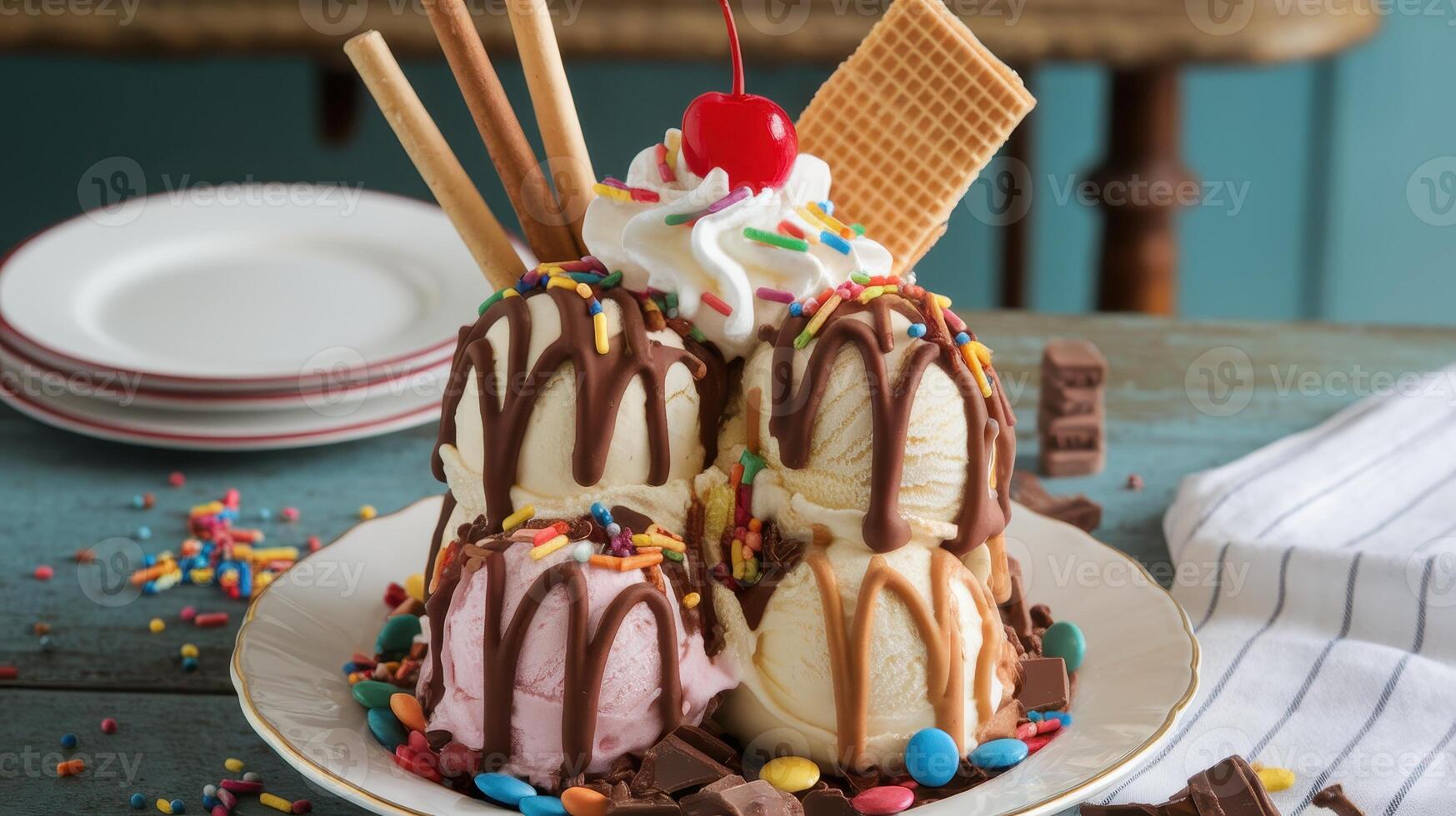 Delicious Sundae With Multiple Scoops of Ice Cream, Toppings, and a Cherry on Top photo