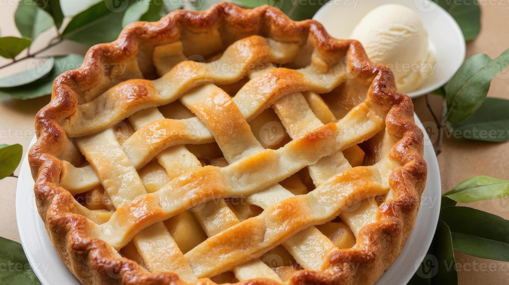 Apple Pie With Lattice Crust and Vanilla Ice Cream on a White Plate photo
