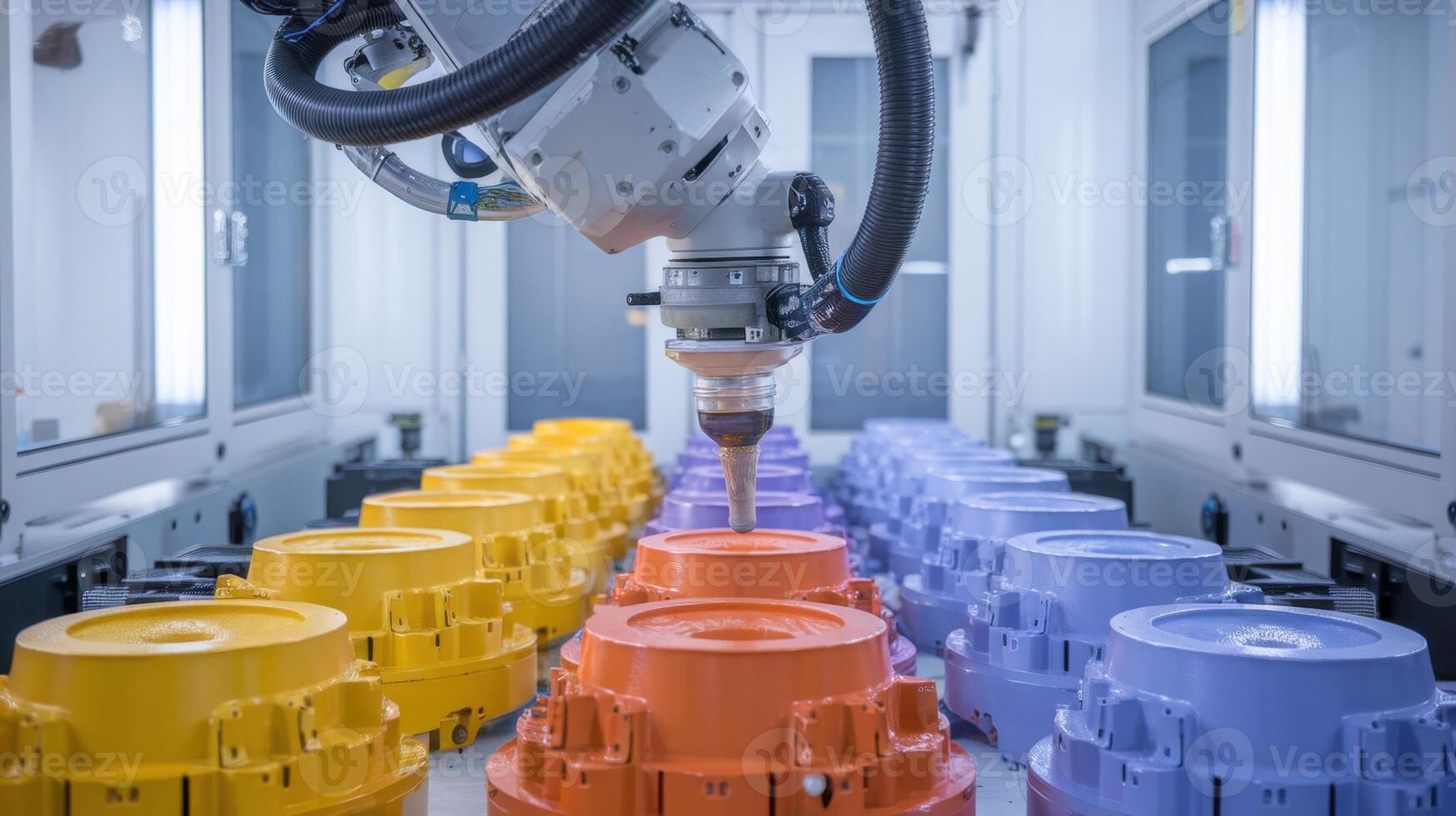 Robotic Arm Applying Sealant to Colorful Parts in a Factory photo